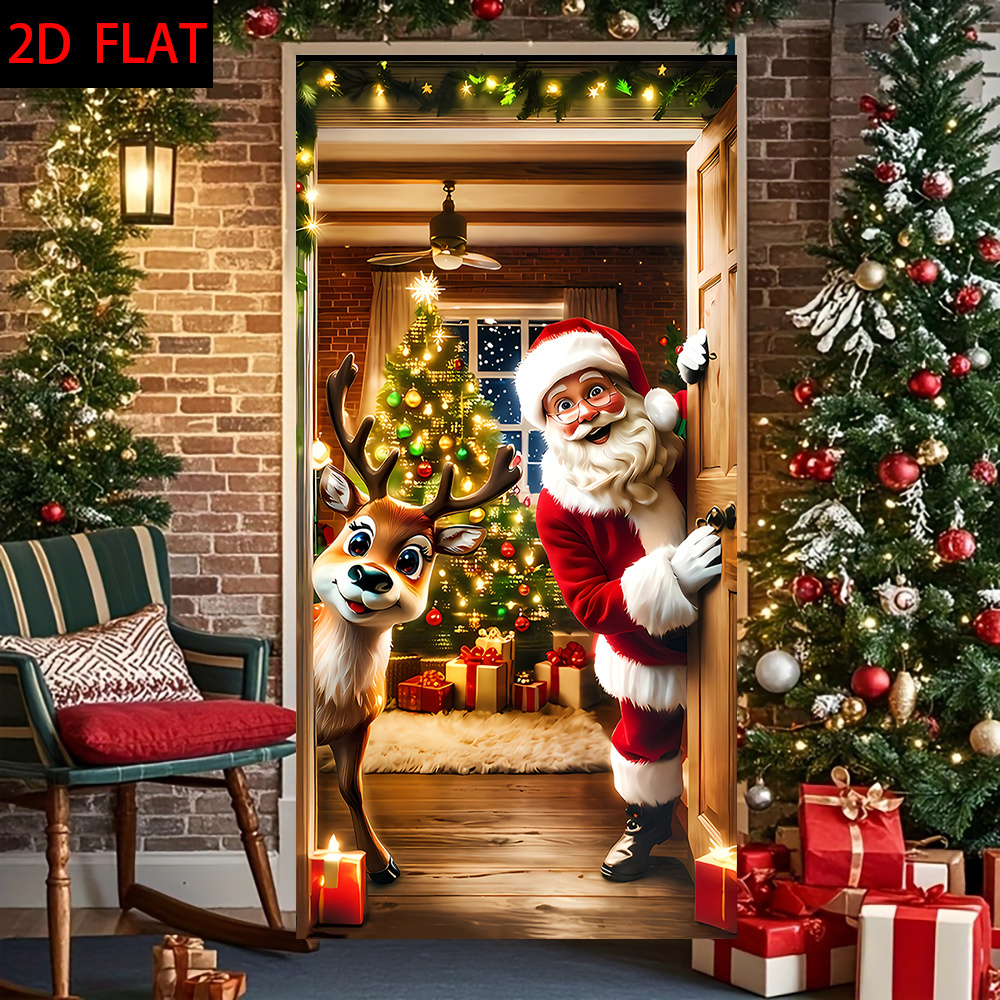 TEMU 2d Flat, 2d Santa Claus And Reindeer Themed Door Cover, High-stretch Spandex Material, Vibrant Colors - And Outdoor Holiday Decoration For A