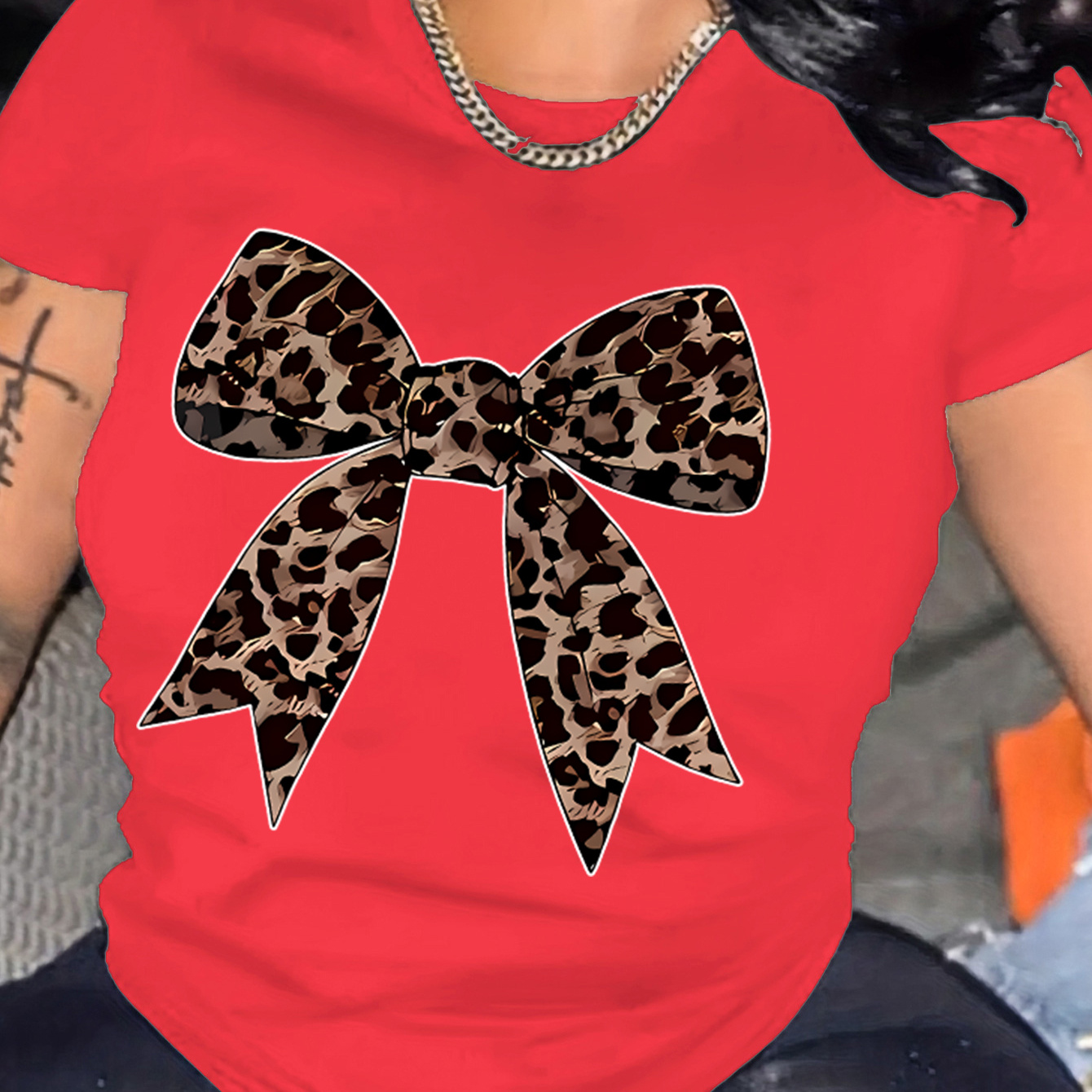 

Women's Chic Leopard Bow Print T-shirt - Casual Round Neck, Short Sleeve, Polyester , Machine Washable - , |trendy Bow Shirt|stretchable Fabric, Leopard Print Blouse