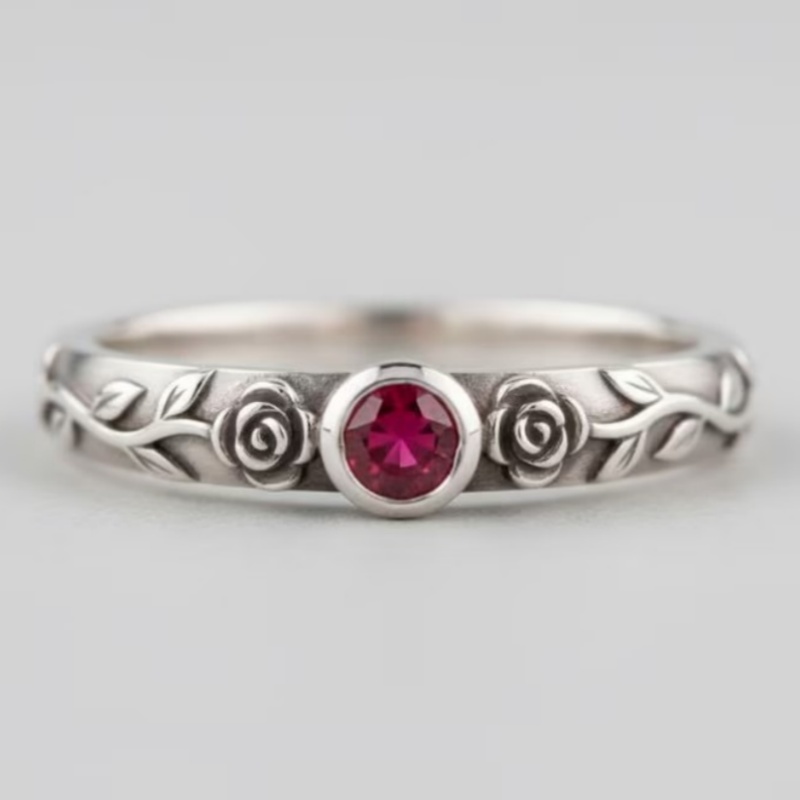 Ladies' Vintage Floral Pattern Ring with Red Inlaid Synthetic Zirconia