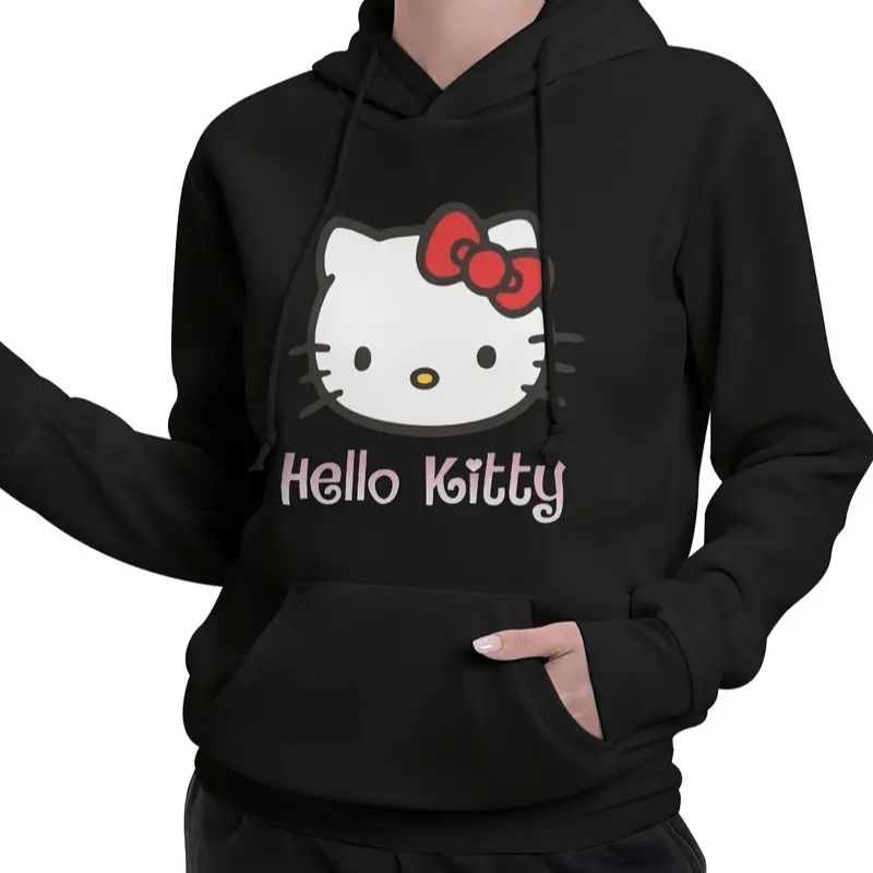 

Sanrio Hello Kitty Graphic Hoodie For Women - Cozy Polyester Casual Sweatshirt With Drawstring & Machine Washable, Black With Detail, Hello Kitty Hoodie