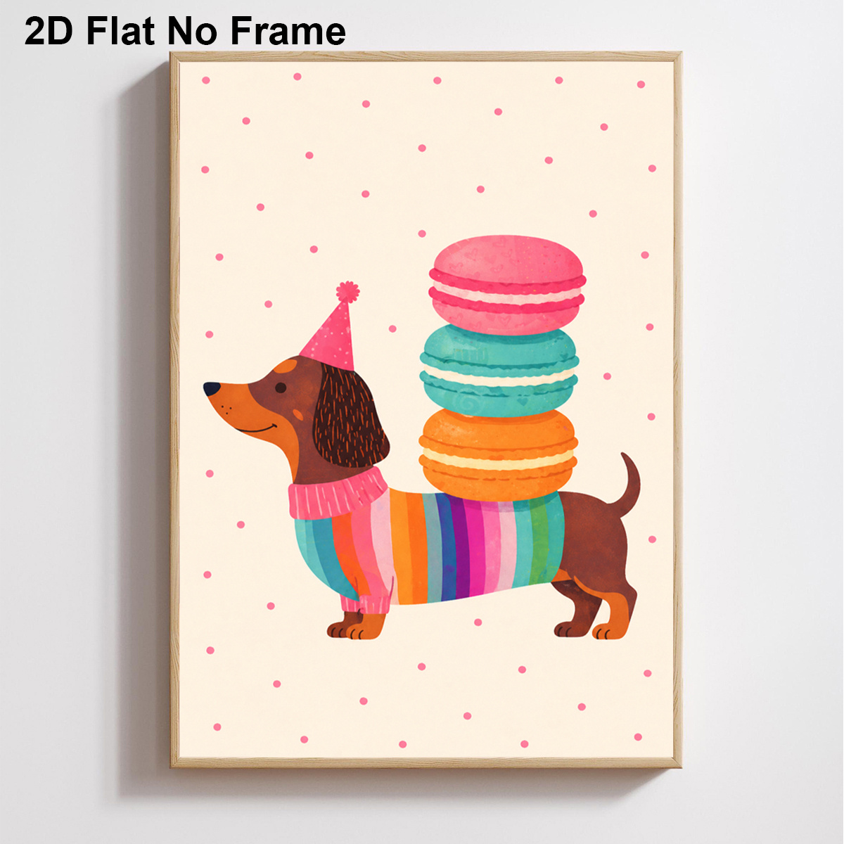 TEMU 2d Flat, 1pc Modern Dachshund Wall Art Poster - Cute Dachshund Dog In Sweater & Macarons Frameless Canvas Painting, Suitable For Bedroom, Living