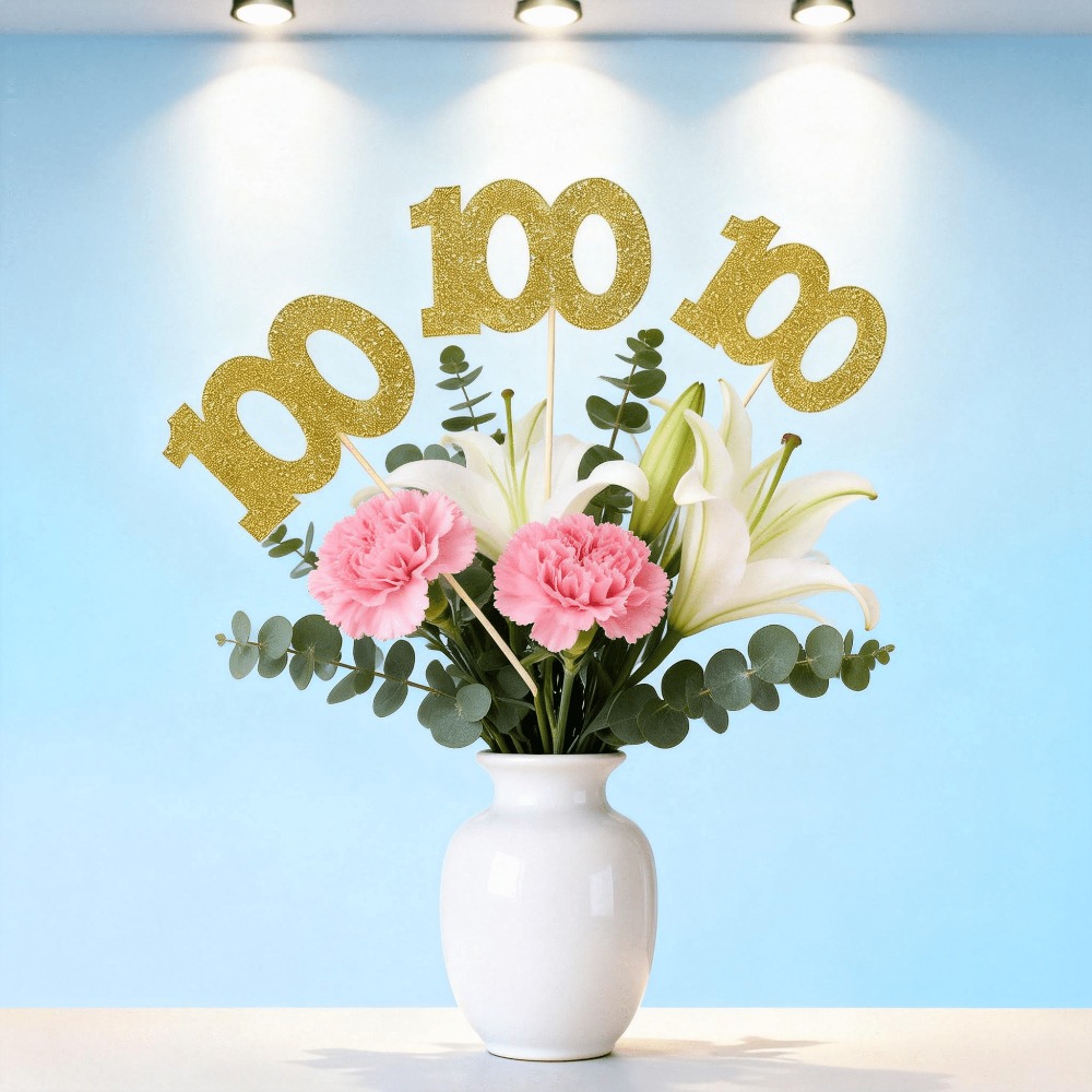 10pcs Golden Glitter 100th Days 100th Birthday Centerpiece Sticks Number 100 Table Topper Pary Decorations