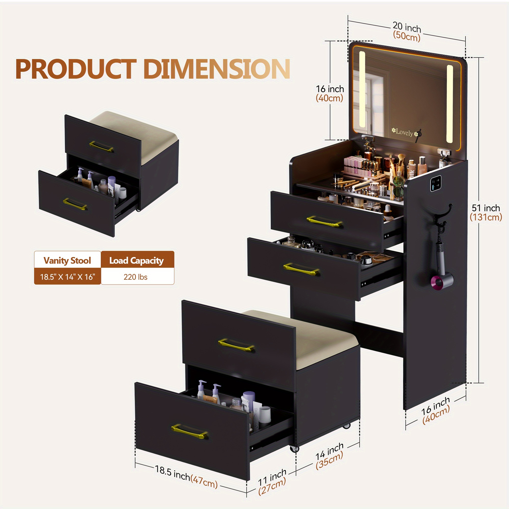 Lvifur 3 in 1 Vanity Desk with Flip Top Mirror and Lights, Modern Glass Top Small Makeup Vanity w/ Charging Station &amp; Human Sensor Light, Compact Vanity with 3 Drawers, Rolling Cushioned Stool