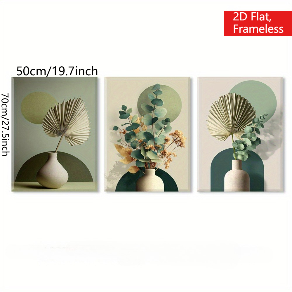 TEMU 2d Flat, Frameless, 3pcs Set, Elegant And Minimalist Green Plant Leaf Canvas Painting, Abstract Geometric Pattern And Vase Decorative Painting,
