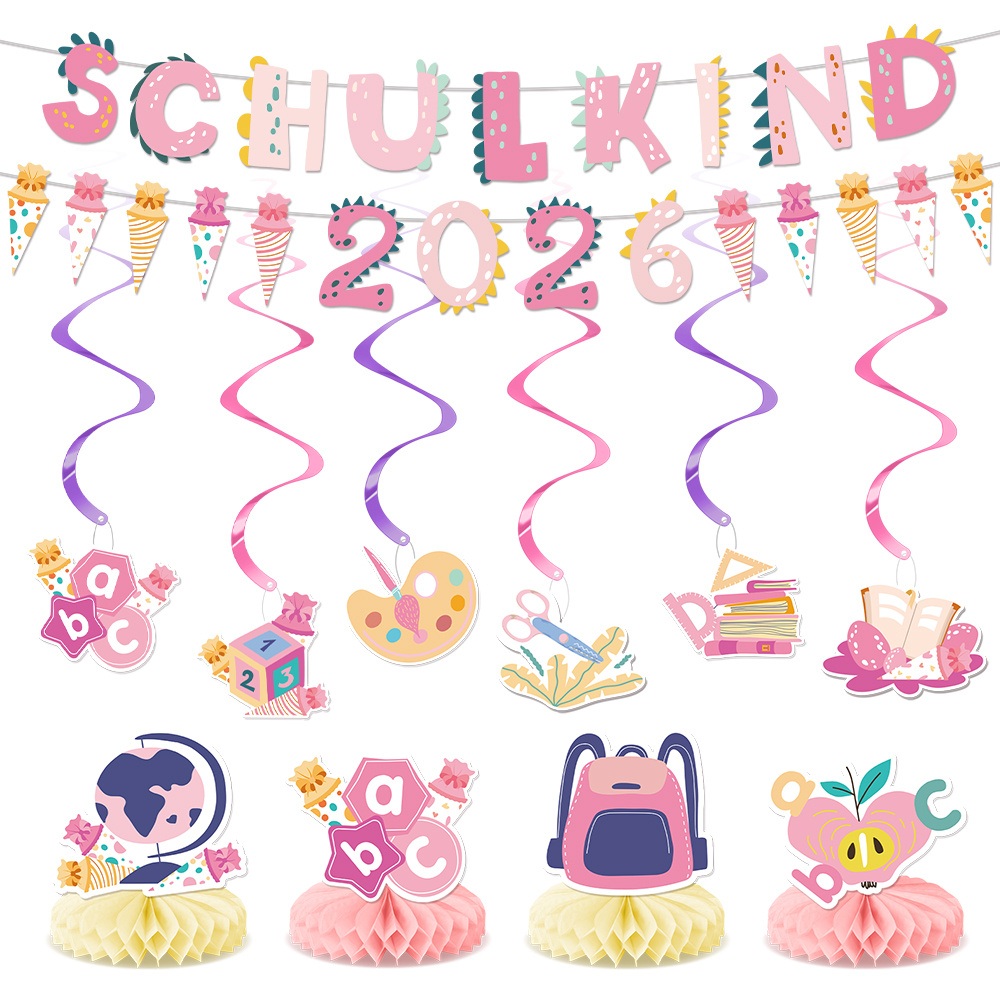 Image of Party Supplies Set, 2026 Back-to-school Party Decorations With 'schulkind' Banner, Hanging Swirls, Centerpieces Suitable For Day Of School, Classroom Decoration, Pink
