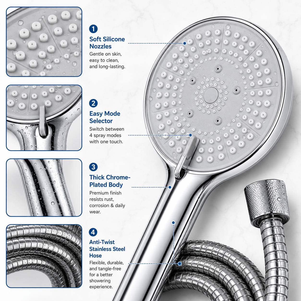 2pcs Set: High-Pressure Handheld Shower Head with Stainless Steel Hose
