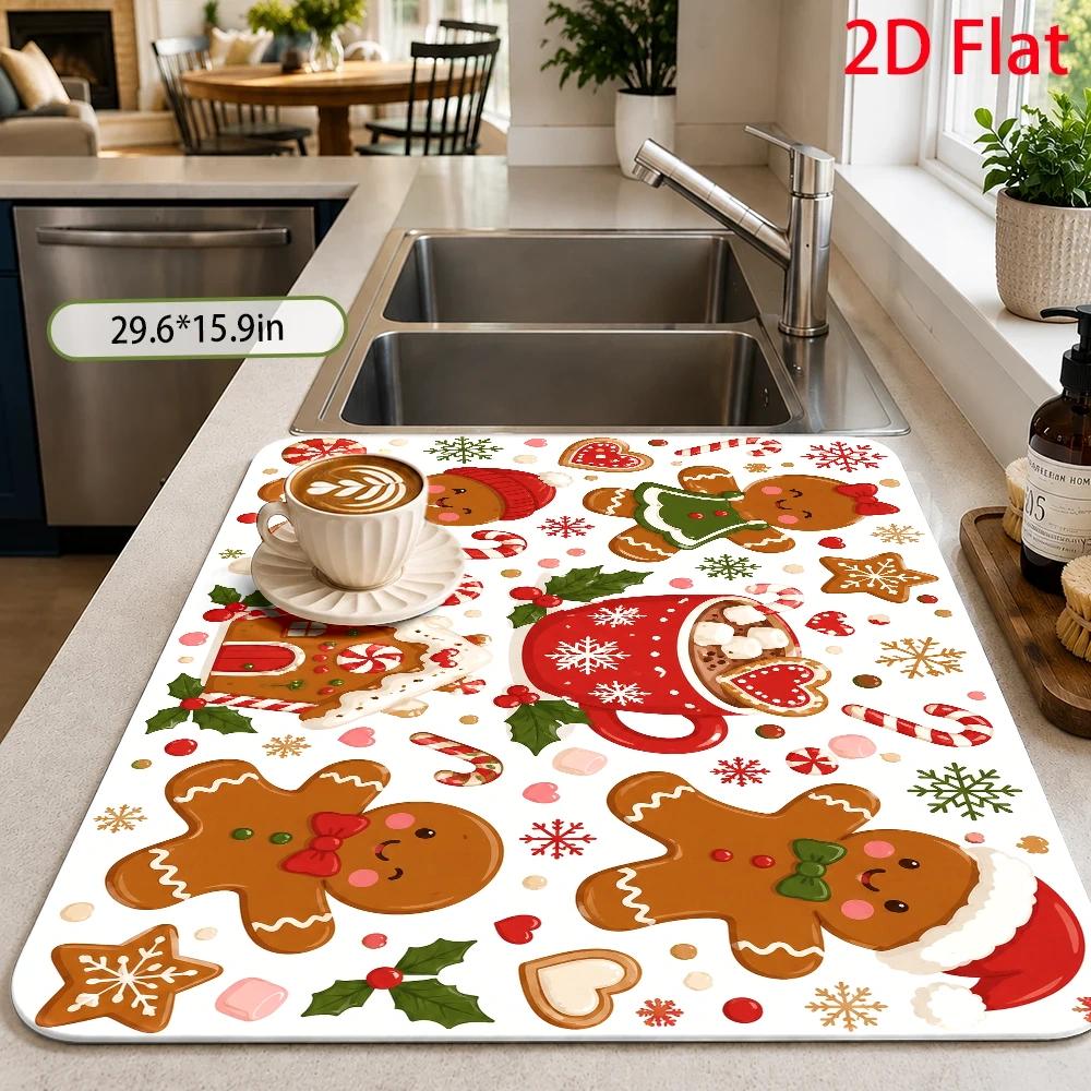 2d Flat, Festive Gingerbread Man Coffee Machine Mat, Christmas Cookie Pattern Coffee Bar Mat, Cozy Design, Absorbent And Fast Drying, Scratch Resistant And Water Resistant, Reusable Kitchen Mat