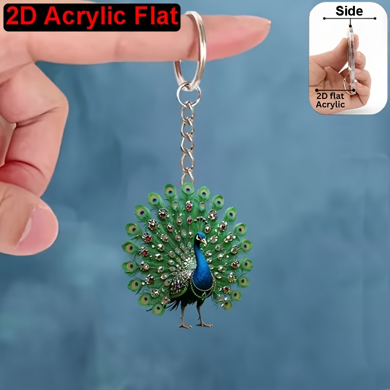 2d Flat, Women's Acrylic Keychain, "elegant Peacock Spreading Its Wings" Design, No Electricity Required