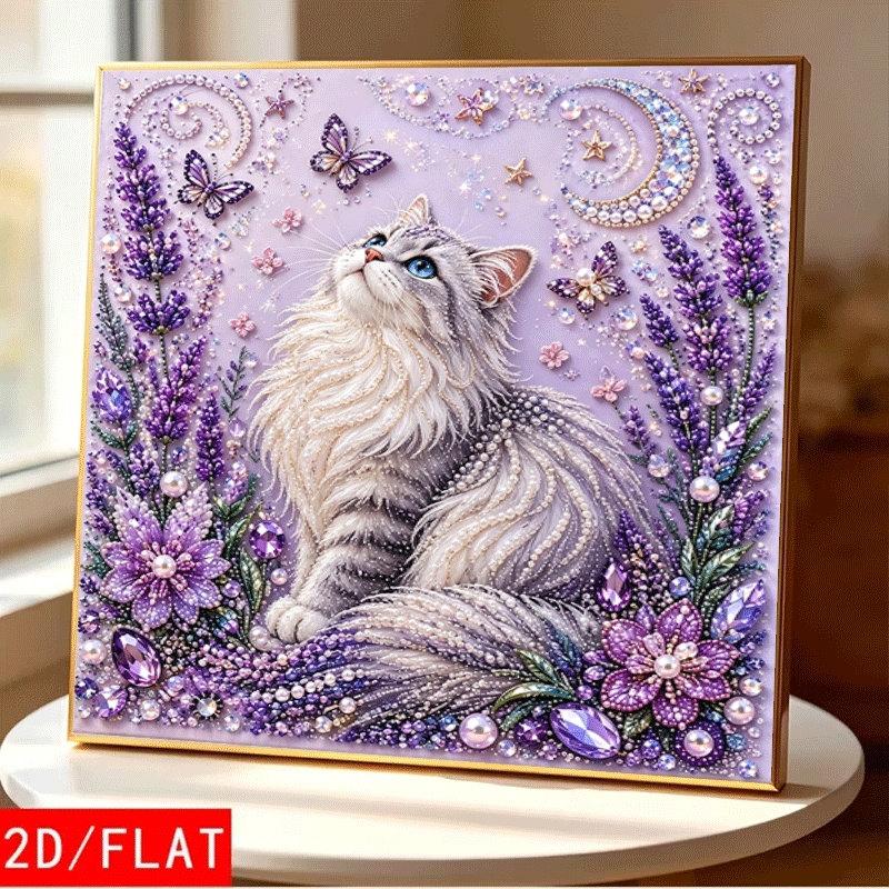 TEMU 2d Flat Printing Pearl Art Painting Kit, Lavender Purple Cat Pattern, Includes Round Pearls, Shiny Gems, Clear Symbols, Full Set Of Tools And