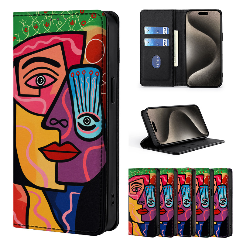 TEMU Phone Case - Colorful Painted Double-fold Edge, Faux Leather Flip Cover Creative Phone Case With Card Slot Anti-theft Stand Wallet, For Galaxy