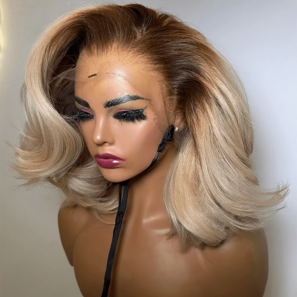 TEMU Perruques Bob Lisses Ombre Blonde Douces 16 Pouces Lace Front Pré-pincées pour Femmes Colle Résistantes à la Chaleur en Fibre Synthétique