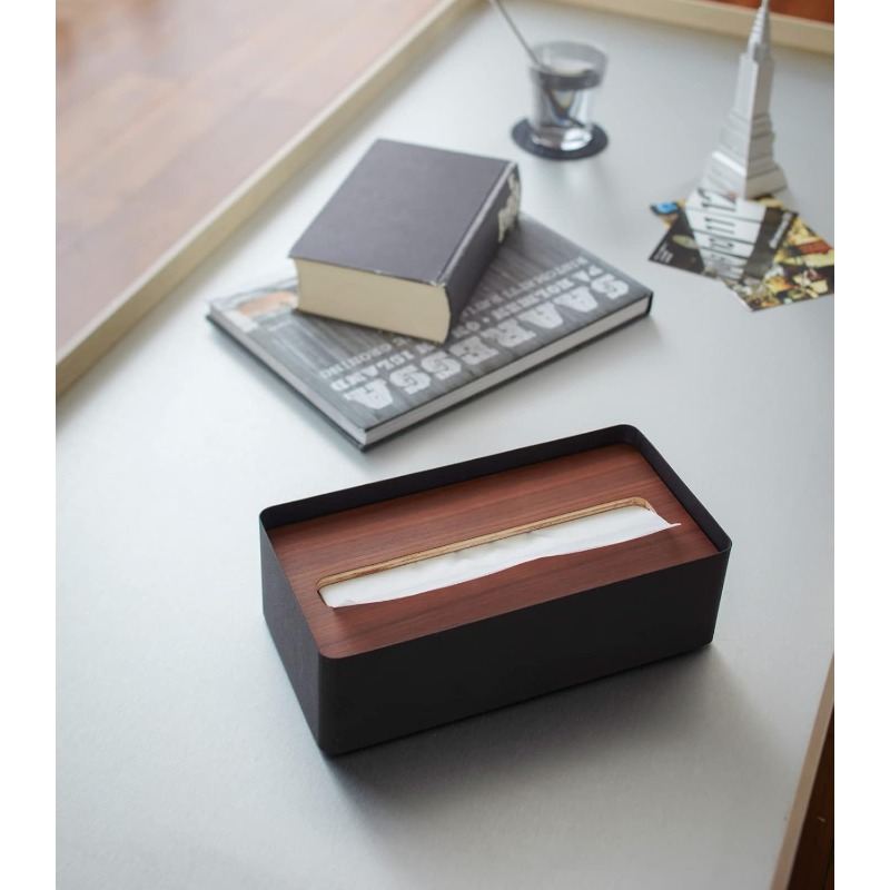modern rectangular tissue box holder with walnut wood lid -   & natural  ,   tissue dispenser organizer with top storage shelf for bathroom, living room, office - durable metal & wood construction, space-saving design, decorative home storage solution, modern decor accessory, bathroom organizer, kleenex box cover, tissue box cover Product details 3