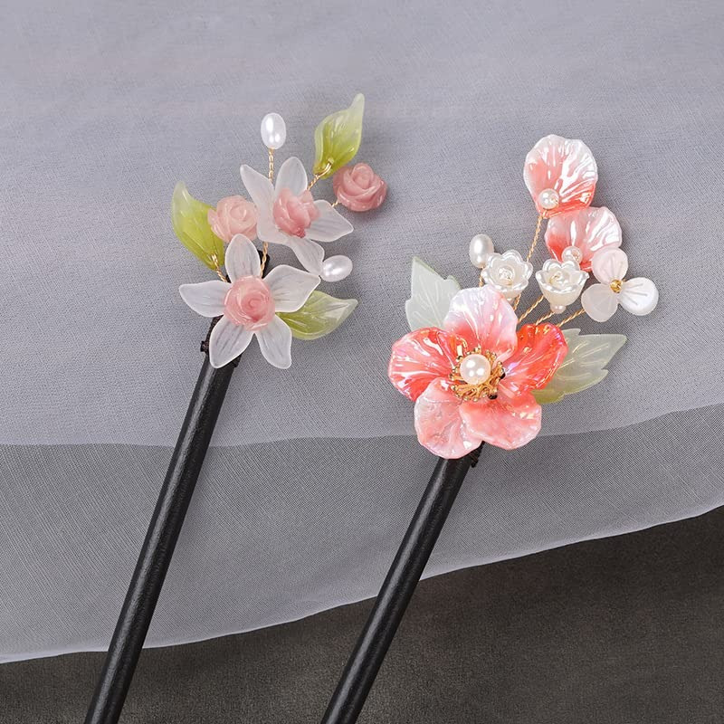2pcs handmade chinese style hair sticks with floral tassels 8 26 retro elegant hairpins for womens long hair wedding everyday hair accessories non slip durable wood plastic pink white flower decor with green leaves gift box included Product details 2