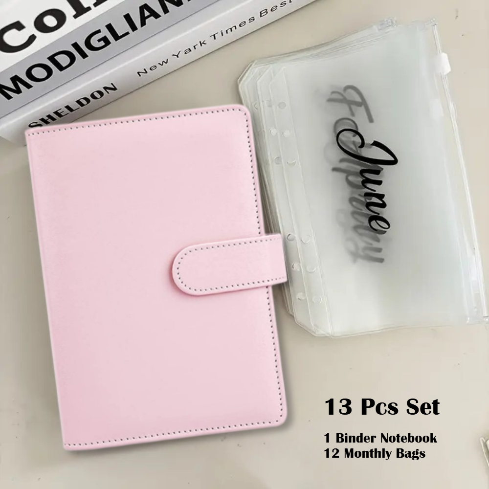 Image of 13pcs A6 Pu Binder Set | 1 Binder + 12 Monthly Bags | Monthly Zipper Budget Envelope Binder Ticket Receipt Storage Bag | Easter, Valentine's Day, Back-to-school Gift