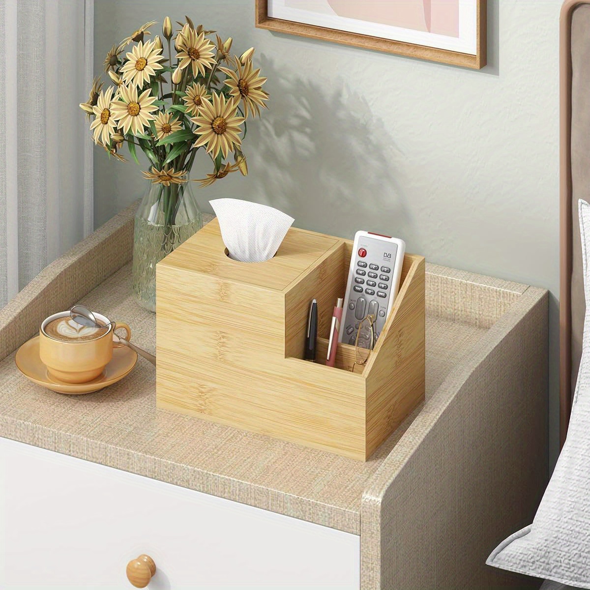 bamboo square tissue box cover a multifunctional organizer for your nightstand   storing tissues in   bathroom or office it features compartments for holding ipads phones and remote controls natural Product details 3