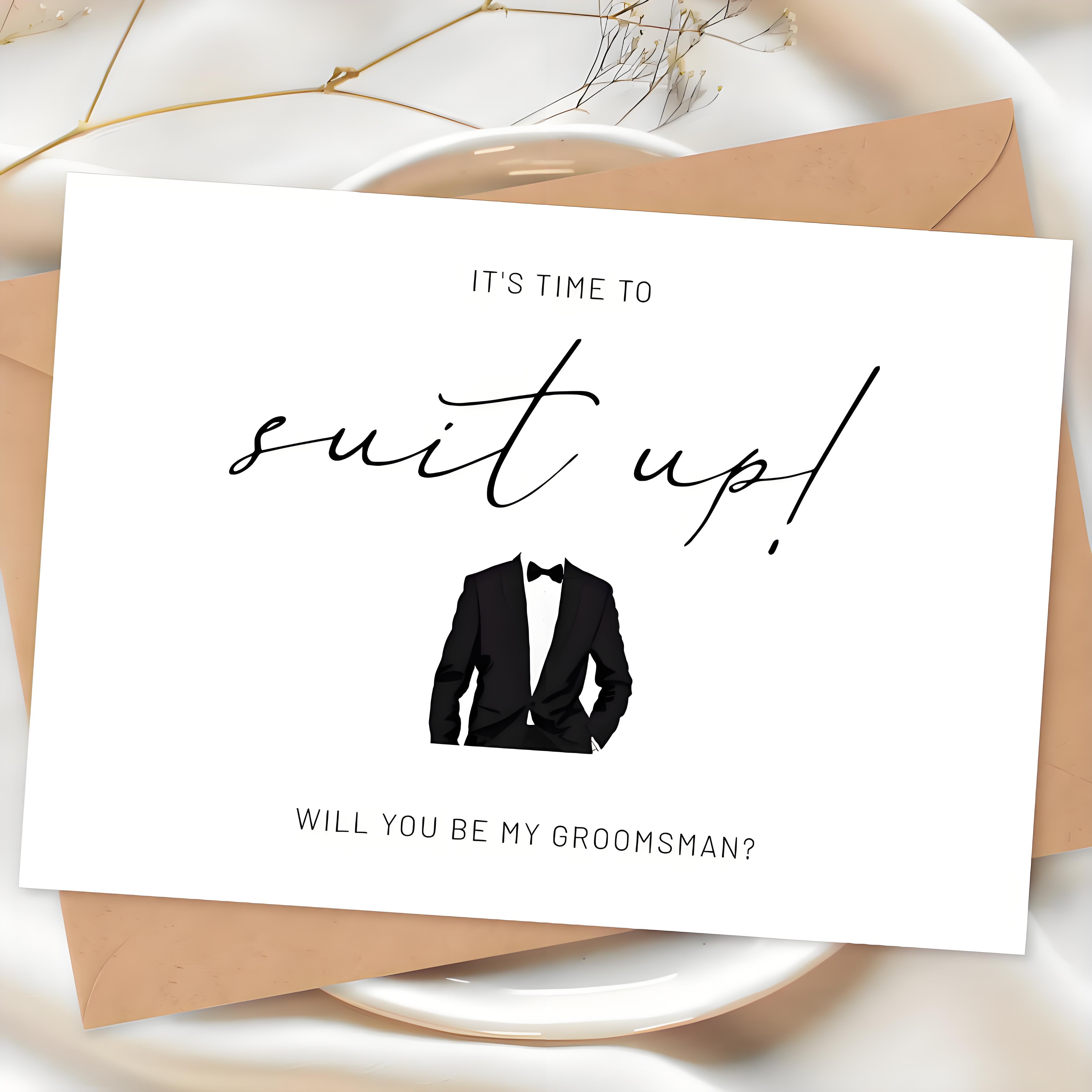 TEMU 1 Perfecte Huwelijksgroetekaart - Elegante Beste voor Huwelijksaanzoek voor Man "Tijd om de Smoking Aan te Trekken!" met Smoking-illustratie