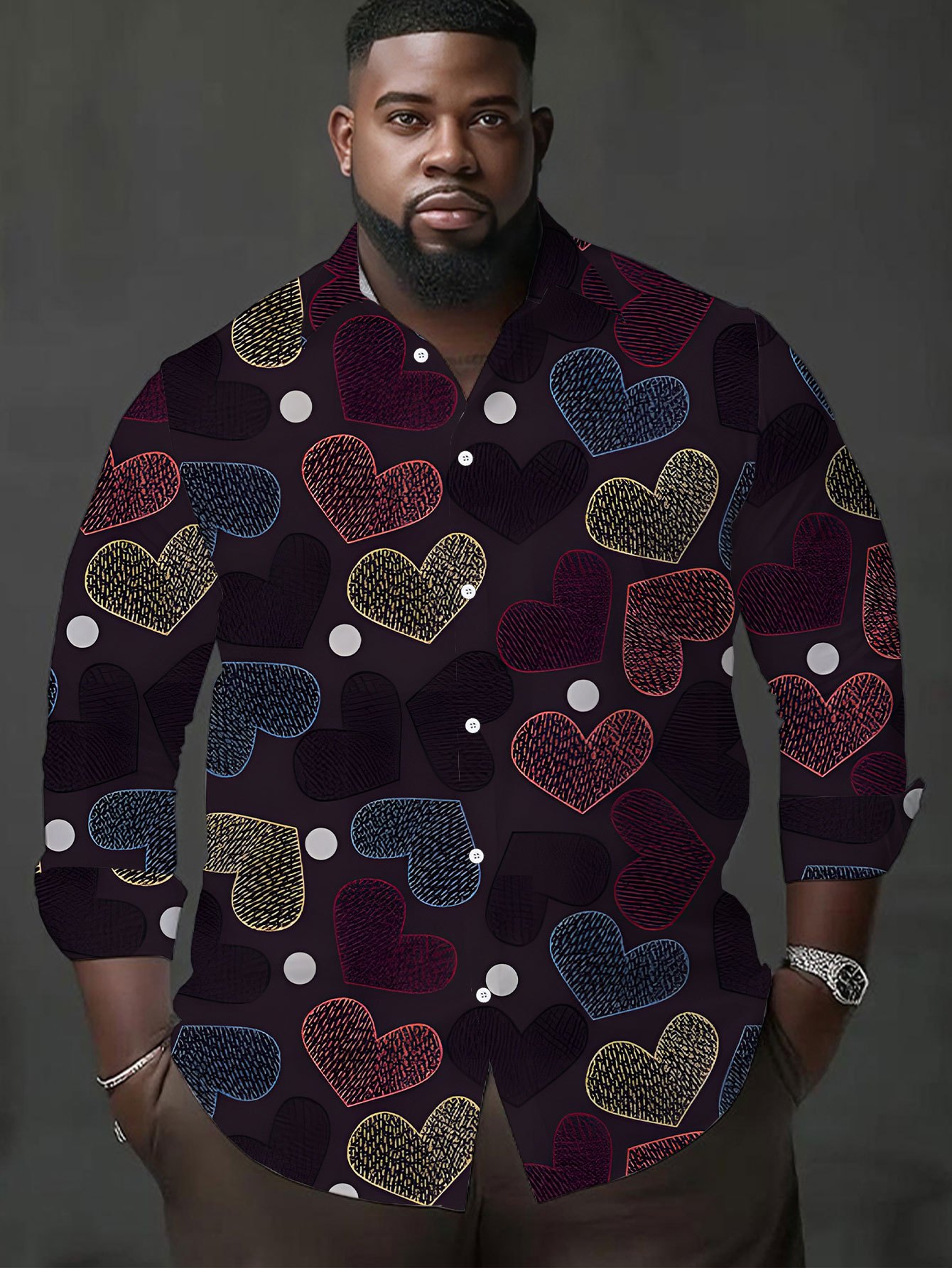 Herren Casual Shirt met Digitale Print, Grote Maat Lange Mouwen Hartpatroon in Donkere Tinten - Stijlvol Graffiti Design / Herenkleding / Kleding / All-Season Wear, PLUS SIZE
