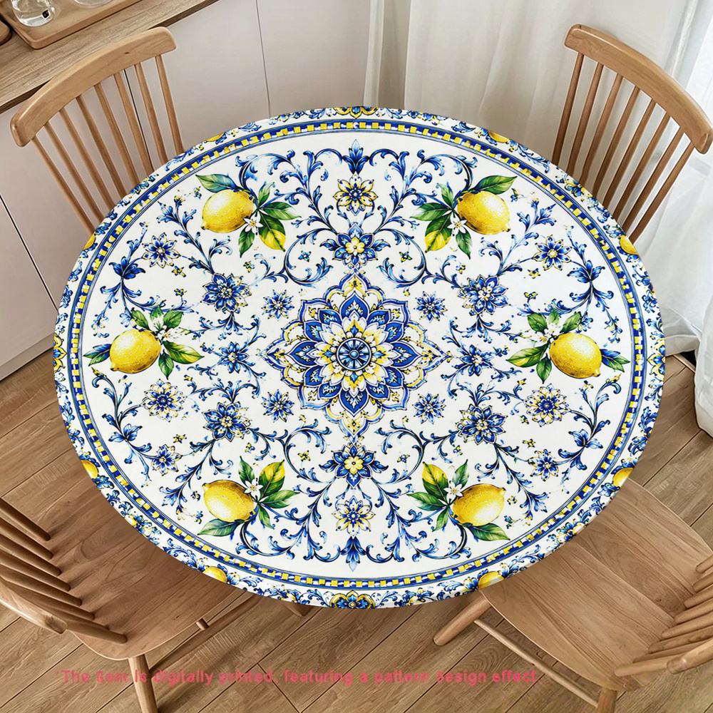 TEMU 1pc Summer Outdoor Round Elastic Tablecloth With Edge, Coastal Blue And White Pattern Round Printed Tablecloth, Elastic Round Tablecloth,