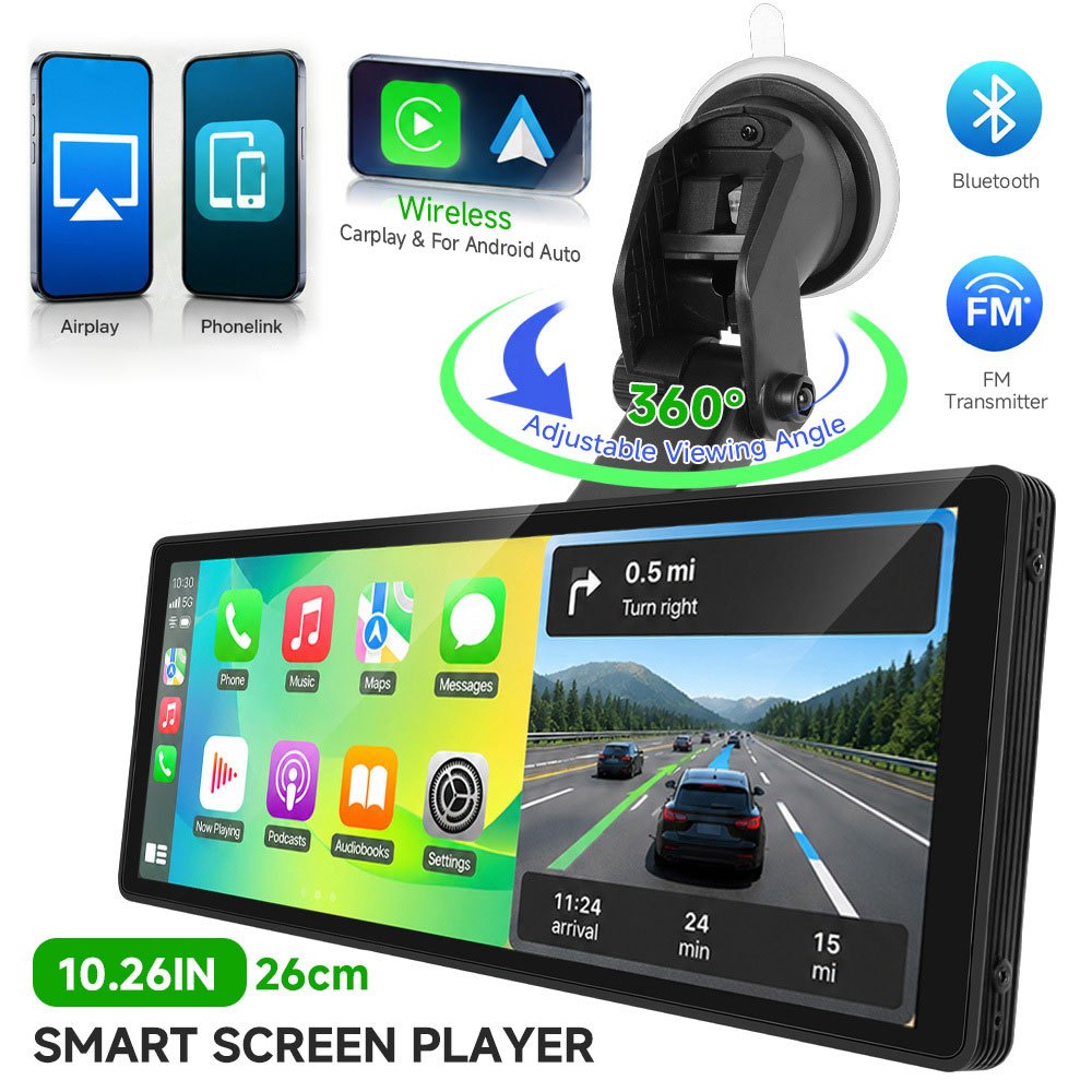 Image of And For Car, 10.26 Inch Portable Car Radio Bluetooth With Ips Touch Screen, Carplay Screen With / Voice Control/ Aux/usb+reversing Camera& 64gb Tf Card(optional)