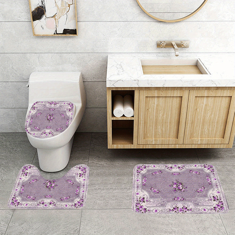TEMU トな紫の花柄フ 滑り止めトイレマット 洗濯可能 吸水性 装飾用バスルーム・家庭用フロアラグ 心地よいプラッシュ素材のトイレカバー レーション用