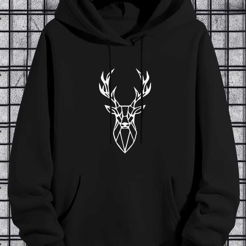 

1pc Men's Casual Print Hoodie With Deer Design - Polyester Knit Fabric With Stretch, Regular Fit Hooded Sweatshirt With Kangaroo Pocket For , Fall/winter Collection