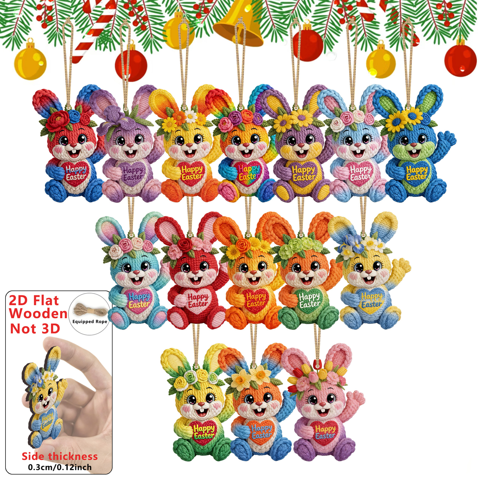 Image of 2d Flat-15pcs Easter Colorful Rabbit Wooden Pendant, Cute Rabbit Pendant For Home Decoration, Office Classroom Decoration, Supplies, Simulated Tree Pendant, Holiday Decoration, Logo