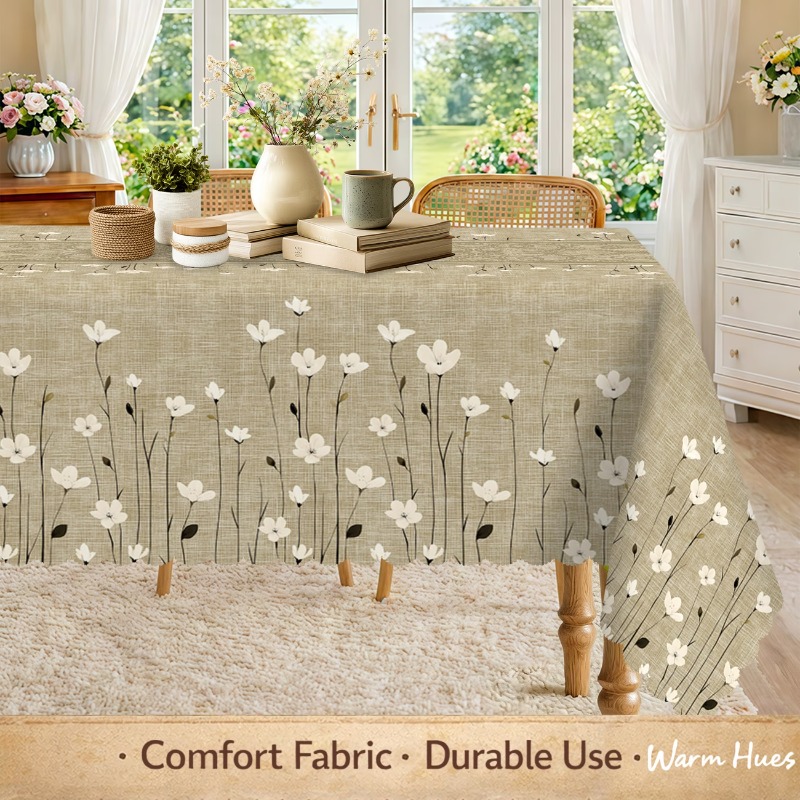 TEMU 1pc Easy Scandinavian Style Japanese Korean Style Tablecloth, Durable, Vintage White Floral Pattern, Brown Background, Suitable For Countryside