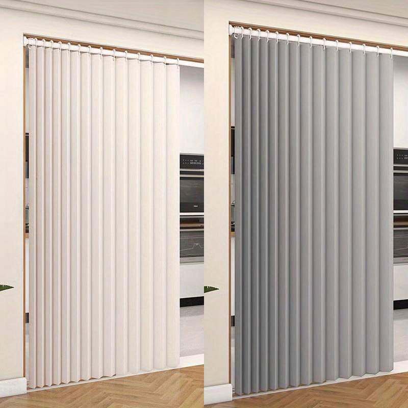 アイテム画像 【商品名】現代的な折りたたみ式キッチン扉カーテン（1枚入り）。ストライプ柄の3色展開。フックと収納ストラップ付き。様々なサイズをご用意。収納が簡単で、お手入れも楽々。