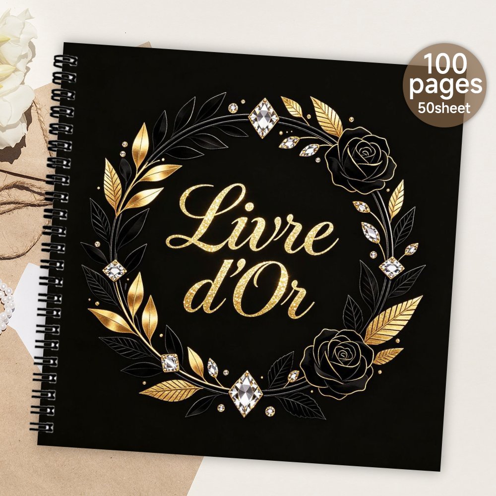 TEMU 'or à spirale 1 pièce, ' pour invités à , livre de messages et de élégant avec décoration de couronne florale noire et dorée, album-souvenir et