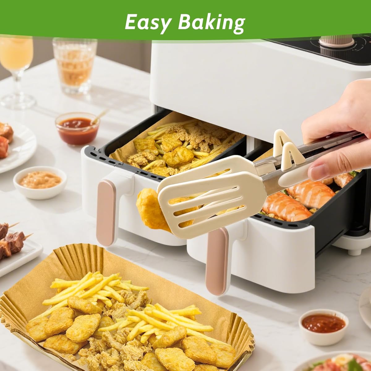 360pcs 8. 7 x 5. 5 unbleached heavy duty air fryer paper liners disposable,   & non-leak parchment paper liners for airfryer basket, deep fryer parts & accessories, air fryer liners non stick, special paper for airfryer, air fryer  , cooking accessories, kitchen essentials, disposable liners, nonstick design, leakproof liner,   liner, baking liners, meal preppers, home cooks Product details 3