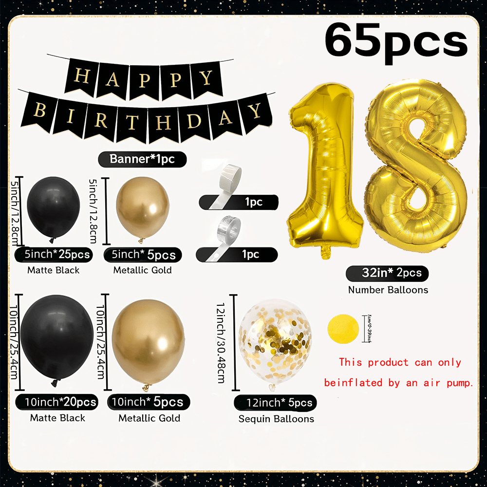 TEMU Décoration pour 18e anniversaire, kit d' de guirlande de ballons de noirs et dorés de 65 pièces avec bannière Anniversaire pour femmes et hommes