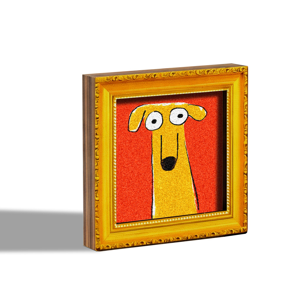 E-shop Ein niedlicher Cartoon-Hunde-Kühlschrankmagnet, ein Mini-Holzdekorationsbild mit einem albernen, großäugigen gelben Hund auf rotem Hintergrund.