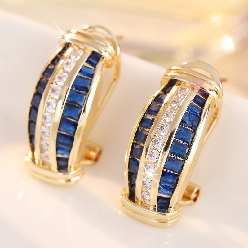 TEMU Ladies' Curved Ear Buckle With Blue And White Contrasting Synthetic Zirconia Inlay, Light Luxury High-end Style, Versatile For Daily Commuting