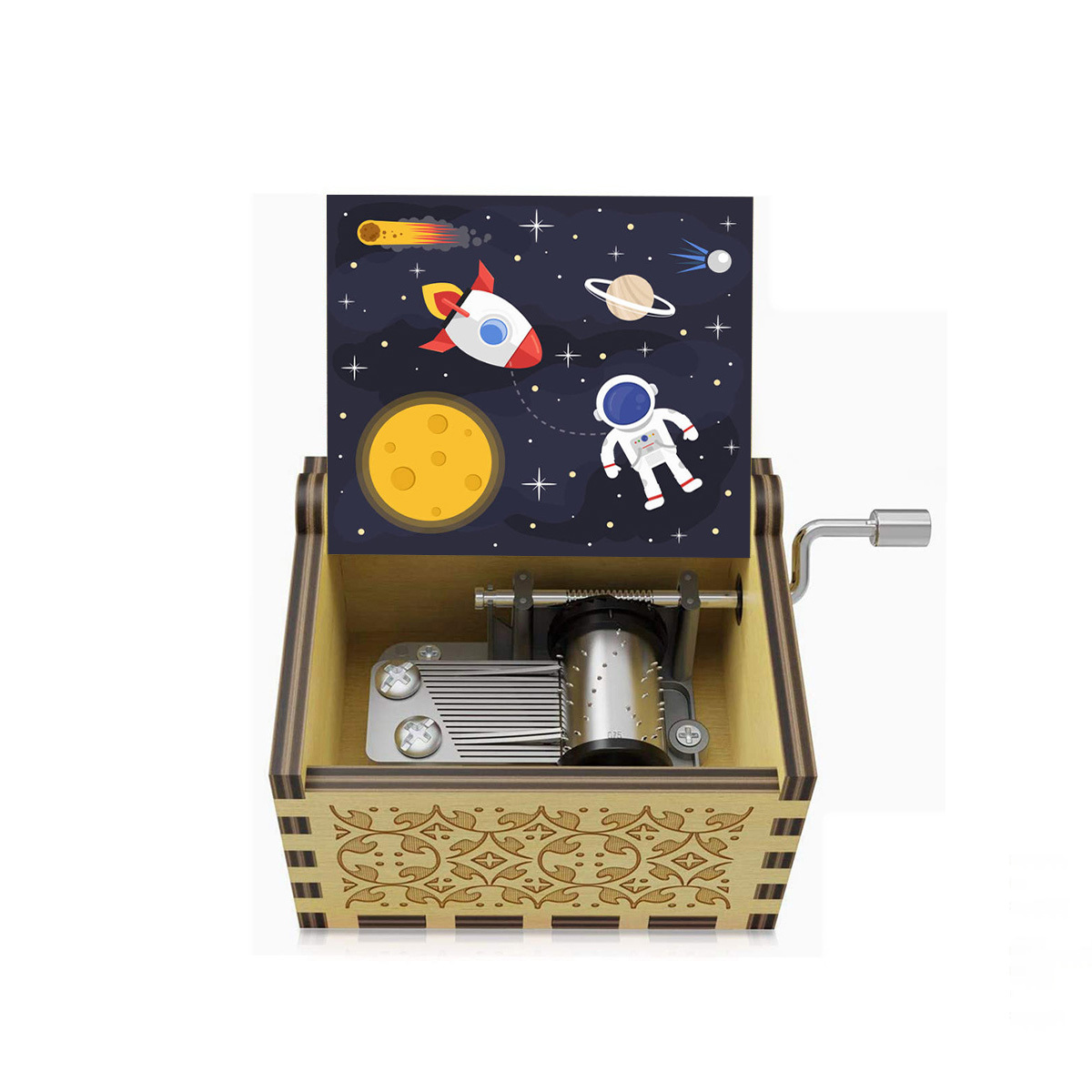TEMU 1pc Space-themed Wooden Hand-crank Music Box With Painted Rocket, Astronaut, Planets, And Meteors In , Unique And , Adds Special Atmosphere To