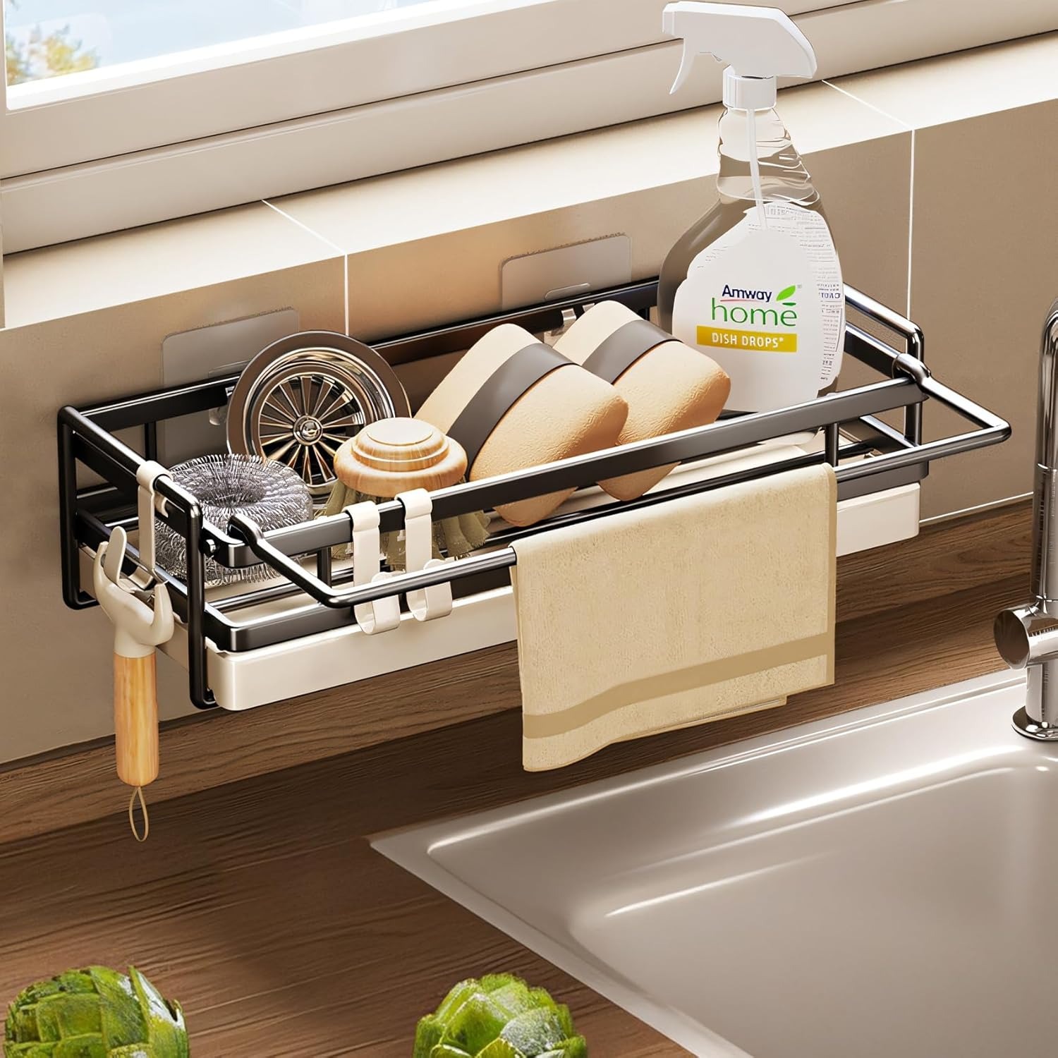 No-drill Sink Organiser With Dishcloth Holder | Over-the-sink Rack For Sponges, Detergent & Kitchen Utensils | Space- Black Kitchen Storage Caddy