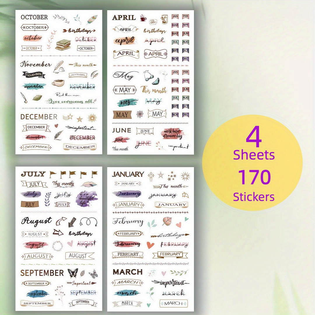 TEMU Autocollants de Planificateur Mensuel - 4 Feuilles/170 Autocollants - Autocollants Créatifs pour Journal, Calendrier Esthétique pour Décoration