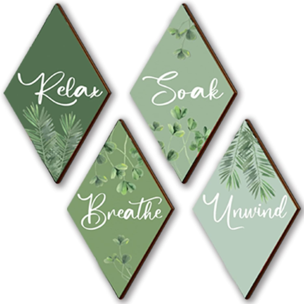 TEMU 4pcs Set Of Green Bathroom Decoration, Green Bathroom Additions, Relaxing Soaking, Windless Breathing, Wooden Signs Hanging On The Wall, Artistic Bedroom, Living Room, Office Decoration