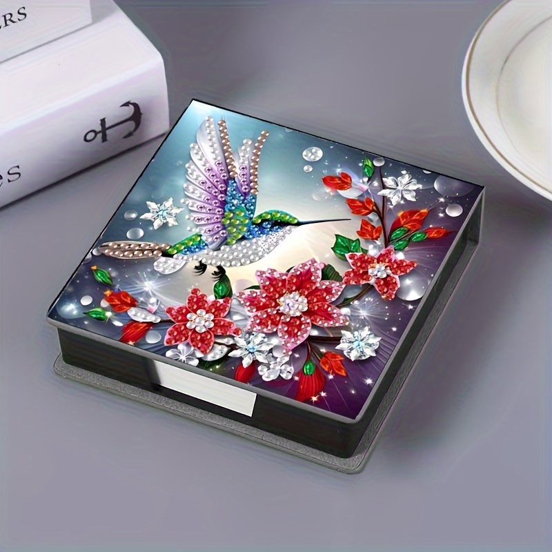 TEMU 1pc Diy Red Flower Branch Hummingbird Pattern Diy Irregular Rhinestone Mosaic Painting. Black Faux Leather Self-adhesive With 160 Sheets Paper -