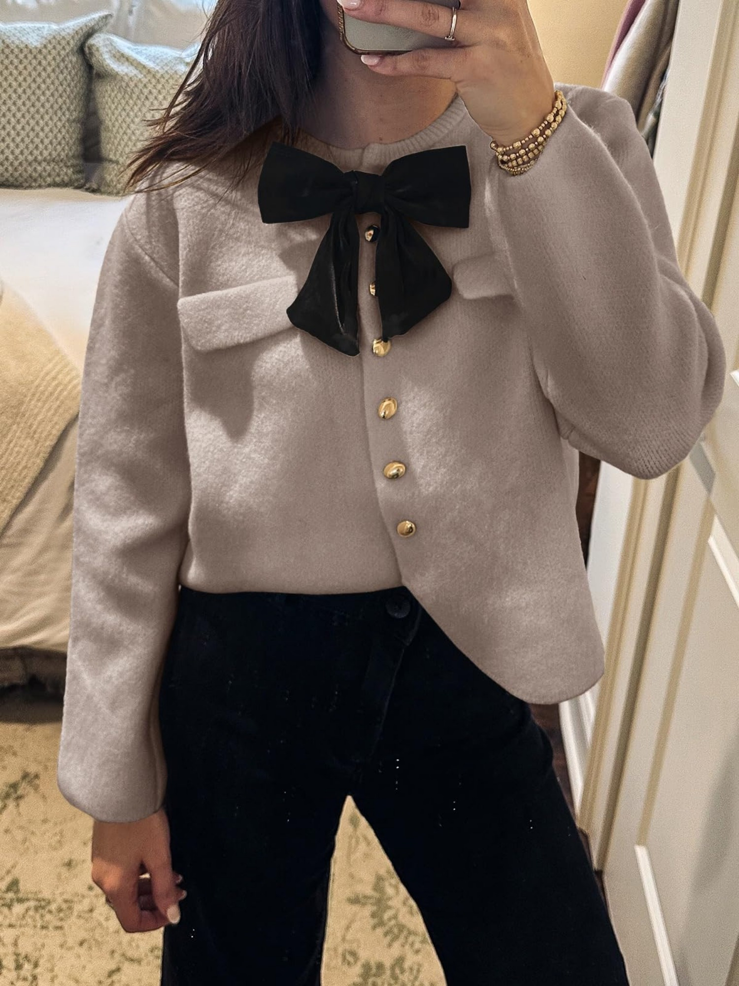 Khaki Cardigan With Bows On Sleeves Women's Short Cardigan Sweater