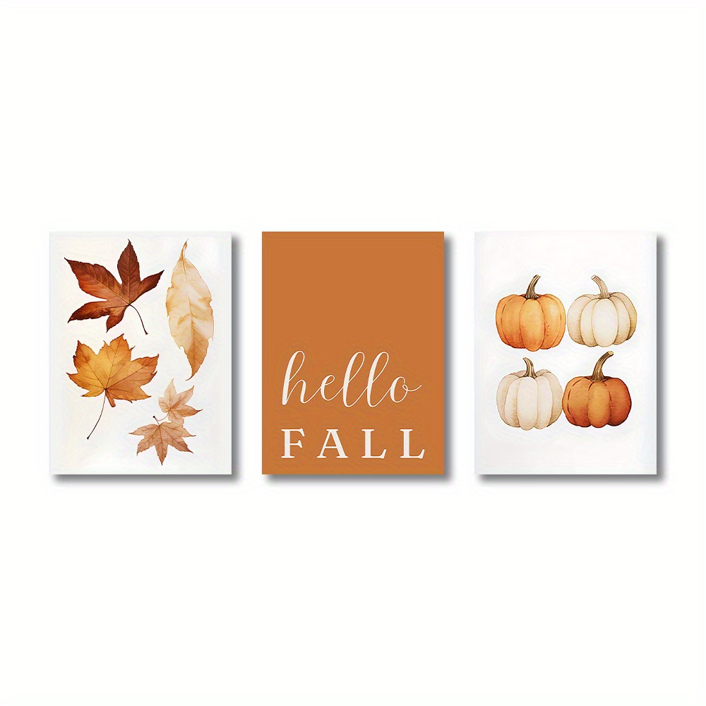 TEMU 2d Flat, 2d Flat, Orange Hello Autumn Three-piece Set Printable Wall Art, Print, Modern Fall Decor, Pumpkin Decorations, Autumn Quote Posters,