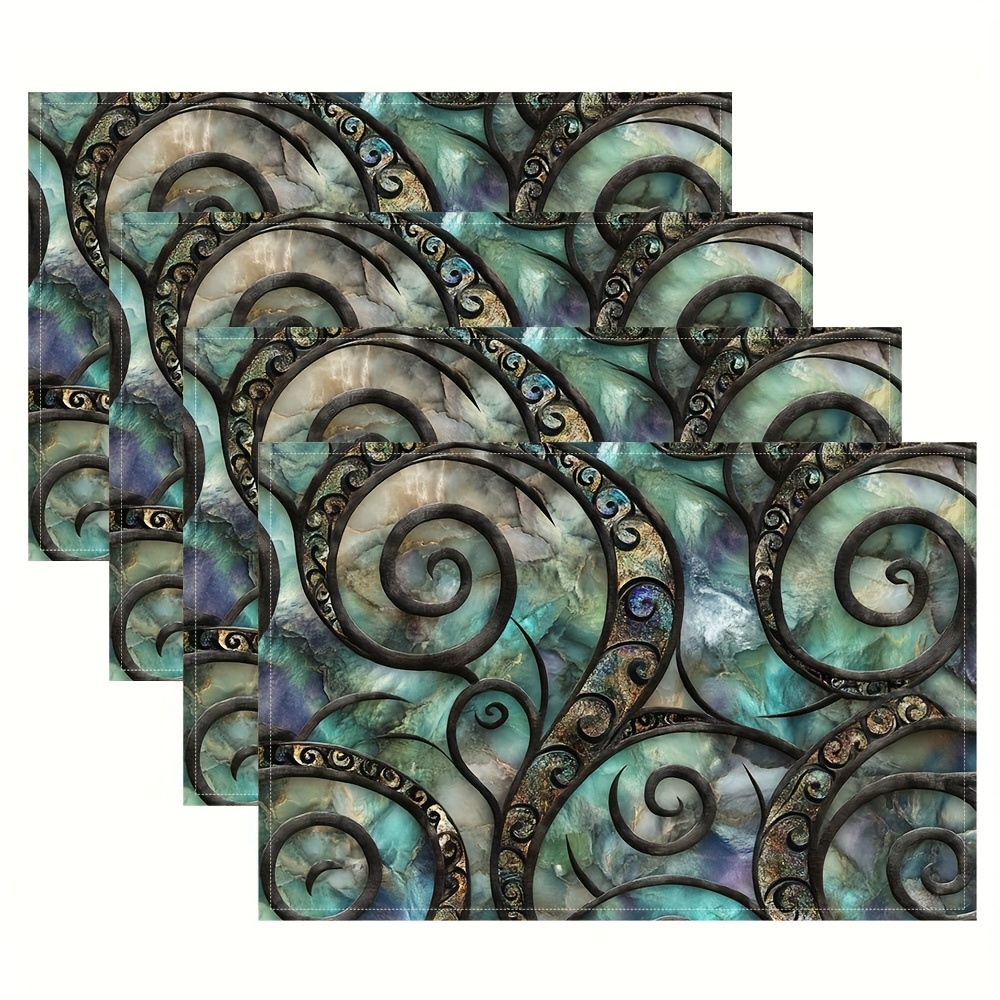 TEMU 4pcs New Zealand Paua Shells Placemats Suitable For Dining Table, Rectangular Table Mats With Paua Ori Pattern, Hand Washable Kitchen Decor For