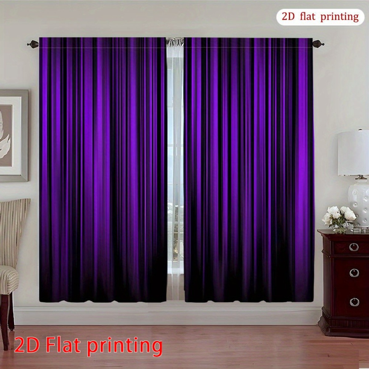 TEMU 2d Flat, 2d Plane- 2d Plane- 2pcs Set Of Elegant Purple-black Curtains| 2d Flat Print, Semi-transparent Polyester Curtains, Suitable For Living