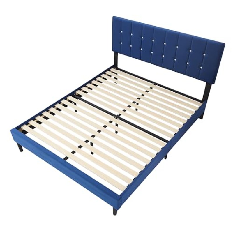 Charlston Full Size Bed Frame with Headboard - Royal Blue Velvet Suitable for Mattress Support, Retro Boxed Bed Base with Plush Cover, Easy Assembly, Non-Wood, Suitable for Mattress, Base for Modern Bedrooms