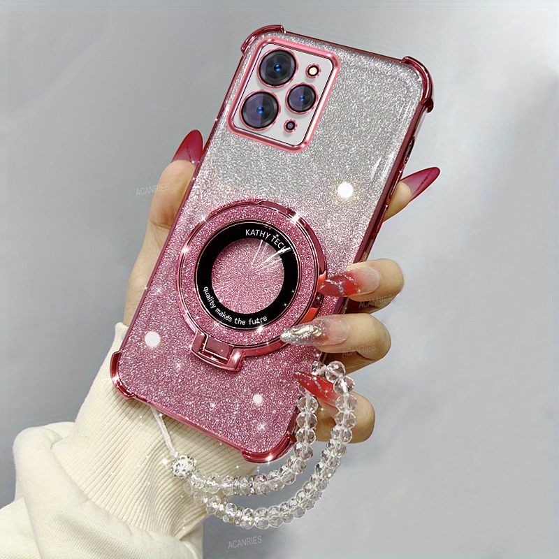 TEMU Phone Case: Redmi12 Luxury Plating Shockproof Thickening Glitter Card Phone Case For Xiaomi 12 Magnetic Bracket Clear Bead Hand Strap Soft Tpu