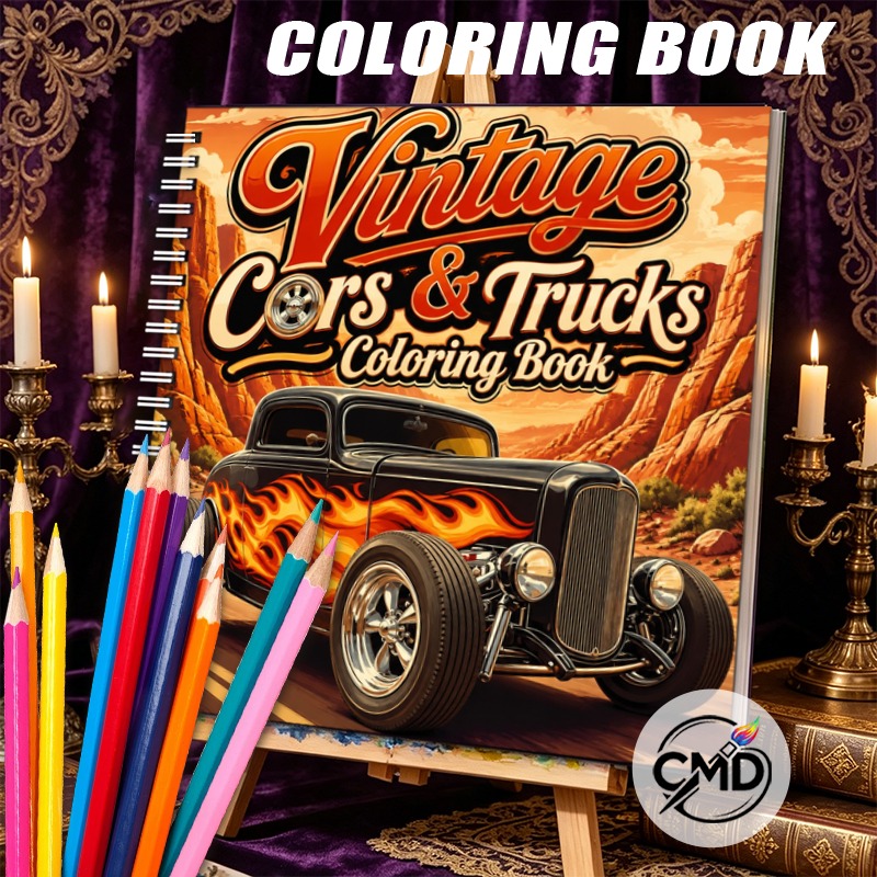 TEMU Livre de coloriage à spirale "Voitures et camions vintage" CMD, œuvre d'art anti-stress, pour les anniversaires, Noël, Halloween, Thanksgiving,