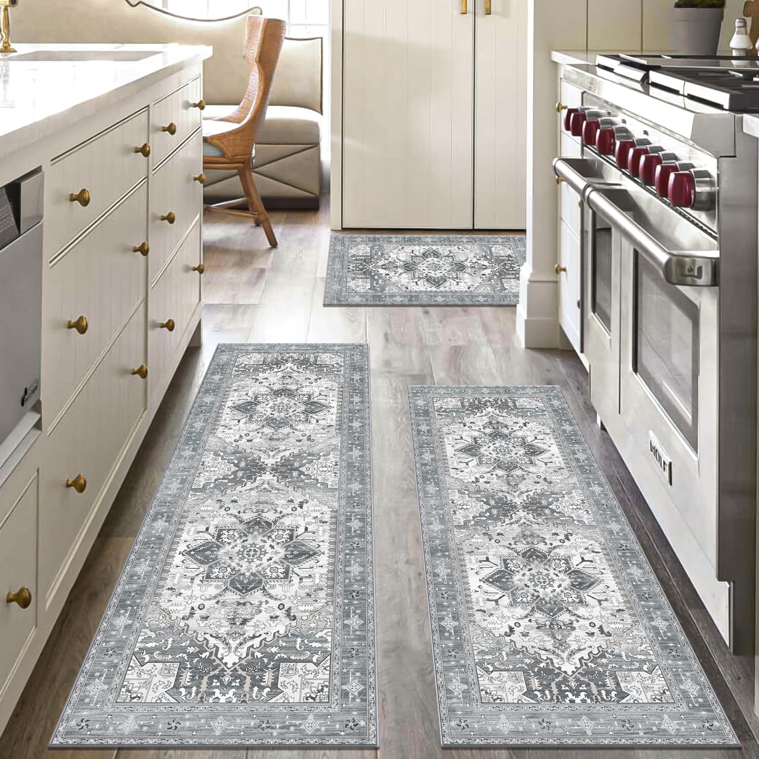 TEMU Lot de 3 tapis de cuisine lavables style bohème, tapis de sol antidérapants pour cuisine avec dos en caoutchouc, tapis de couloir épais et de