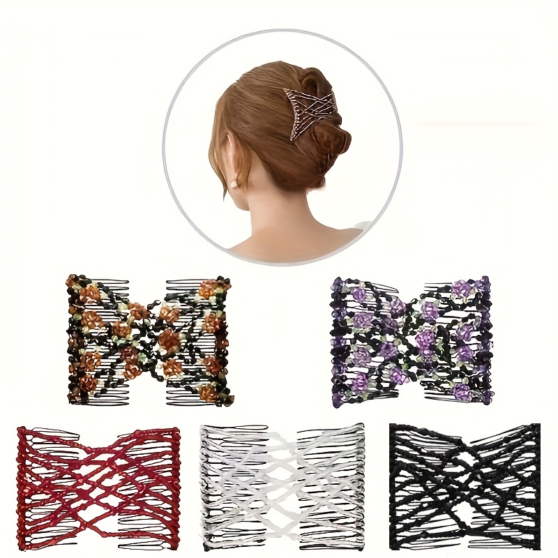 TEMU Vintage Beaded Elastic Hair Comb Set Of 5pcs - Elegant Double-layer Clips With Colorful Floral Designs, Designed For Women - Versatile Hair