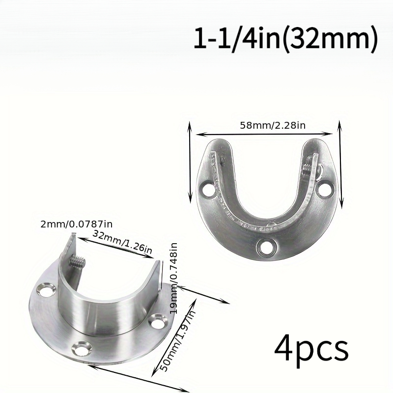 TEMU Lot de 4 supports de tringle de placard robustes en acier inoxydable de U avec douille à bride, diamètre, et vis pour supports d'extrémité