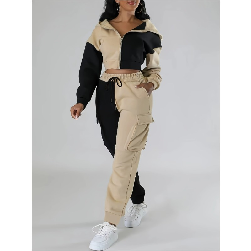 

Women'-piece Set In Contrast Colors - Fashion Hooded Top And Drawstring Pants, Contrast , Long Sleeve Hoodie And High-waisted Pants, Suitable For Casual Wear And Autumn