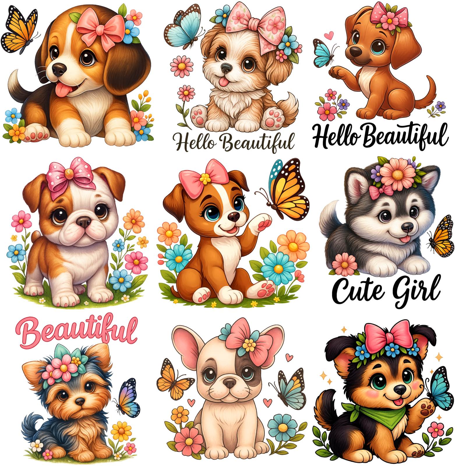 TEMU 9pcs Washable Iron-on Transfers, Cute Dog Surrounded By Flowers And Butterflies Patterns. Iron-on Vinyl Material Heat Transfer Stickers Patches,